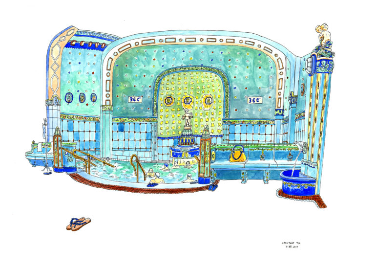 CHRISTELLE TÉA francia művész:  A BUDAPESTI GYÓGYFÜRDŐK VILÁGA című kiállítása, a GELLÉRT FÜRDŐ aulájában